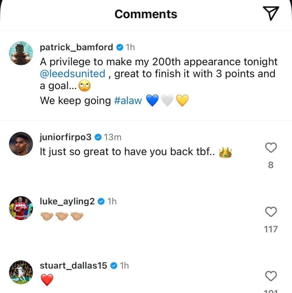 Screenshot of Junior Firpo commenting on Patrick Bamford's Instagram post, telling him he's delighted to have Bamford back after injury.