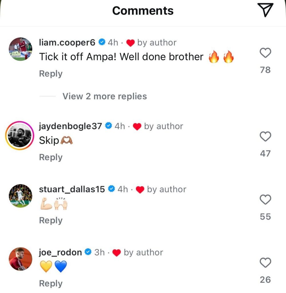 Screenshot of Liam Cooper sending a message to Ethan Ampadu after Leeds beat Preston.