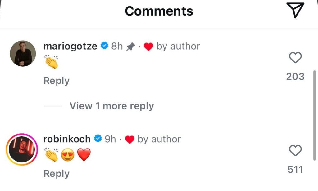Screenshot of Robin Koch and Mario Gotze posting wordless reactions to Rasmus Kristensen's move to Frankfurt from Leeds.