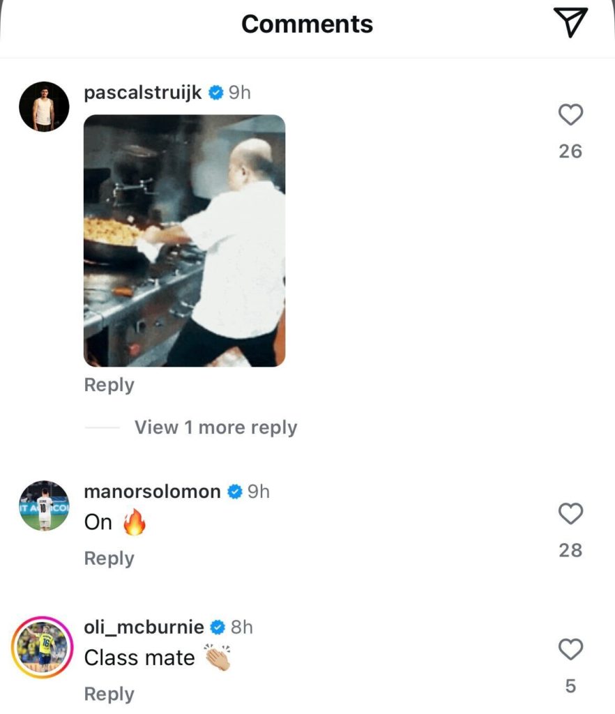 Pascal Struijk, Manor Solomon and Oli McBurnie comment on Jayden Bogle's Instagram post.
