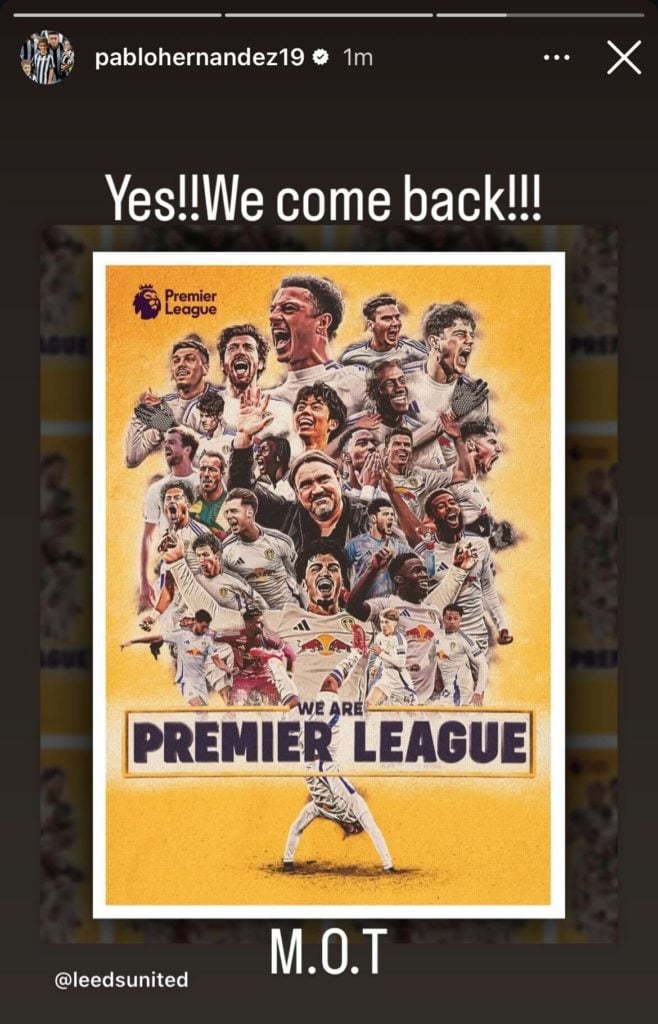 Screenshot of Pablo Hernandez's Instagram story as he congratulated Leeds on promotion.
