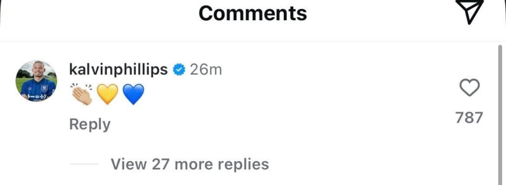 Screenshot of Kalvin Phillips' comment on Leeds United's Instagram post.