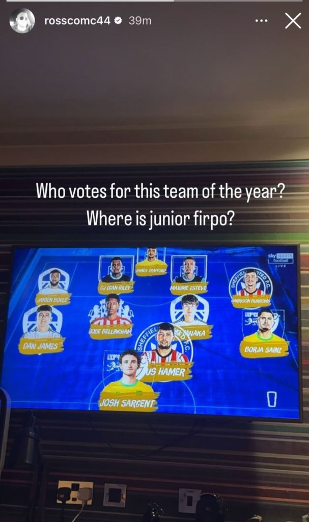 Screenshot of Ross McCormack questioning why Junior Firpo was not in the Championship's Team of the Season.