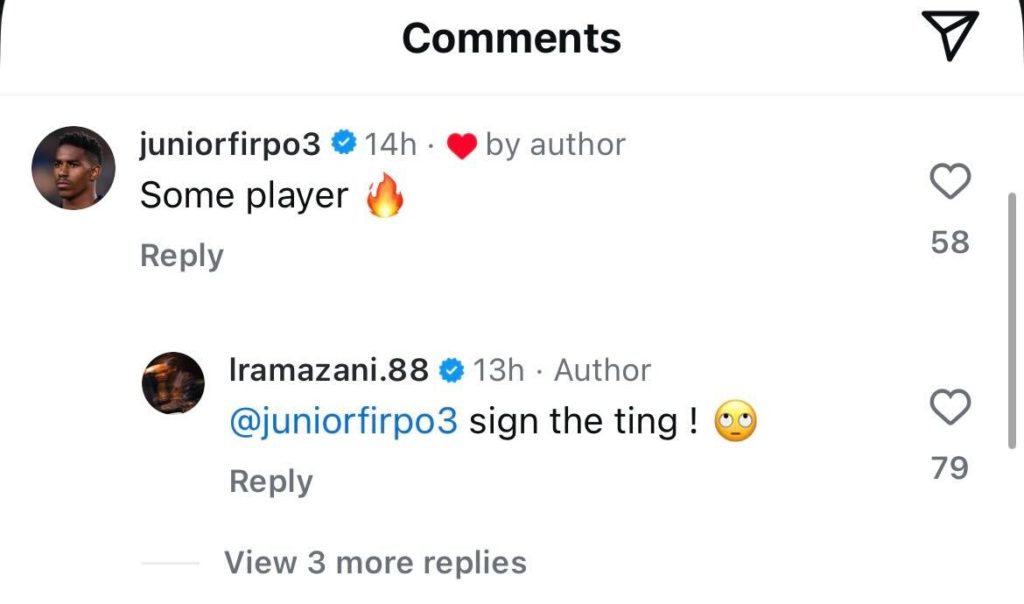 Screenshot of Largie Ramazani urging Junior Firpo to sign a new Leeds United contract, on Instagram.