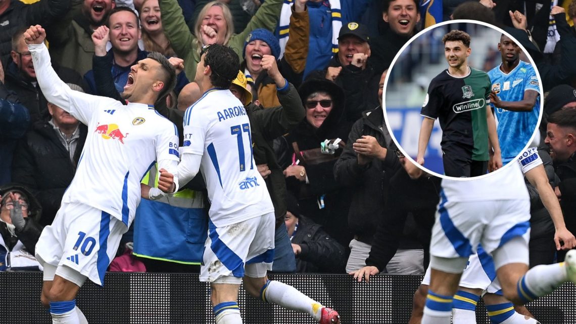 Main image, Joel Piroe of Leeds United celebrates scoring his team's second goal during the Sky Bet Championship match between Leeds United FC and ...