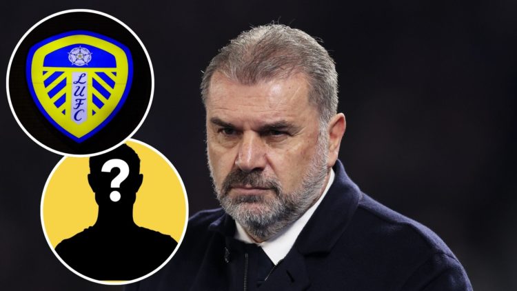 Ange Postecoglou, Manager of Tottenham Hotspur in 2024. Inset, Detail of an illuminated Leeds United emblem at Elland Road. Inset, LUN Mystery play...