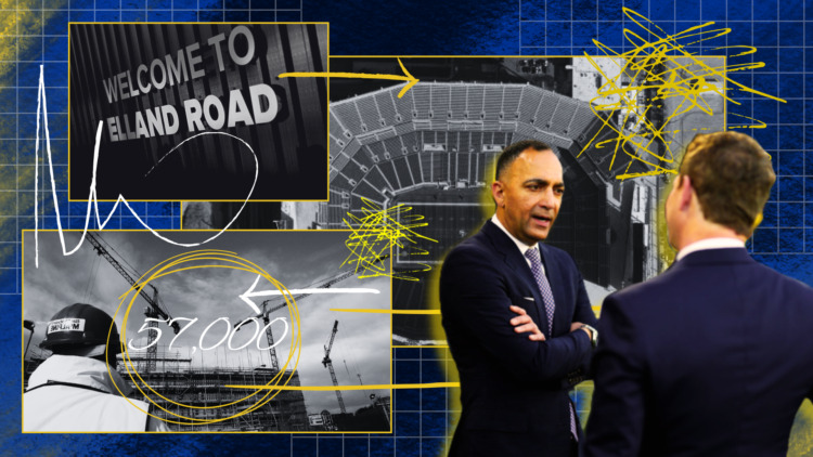 Composite image of Elland Road, the 49ers Levi's Stadiu, and Leeds United chairman Paraag Marathe, with illustration touches
