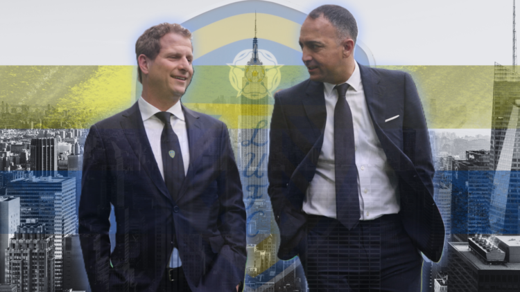 Leeds United chairman Paraag Marathe on a background of New York city, with Leeds badge