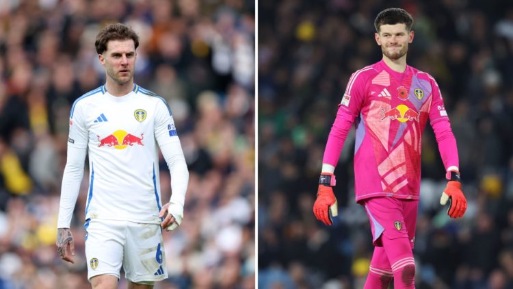 A split image of Joe Rodon of Leeds United looks on during the Sky Bet Championship match between Leeds United FC and West Bromwich Albion. Illan M...