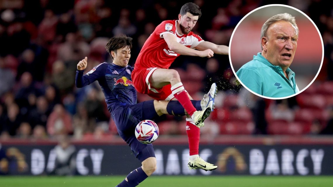 Ao Tanaka of Leeds United and Finn Azaz of Middlesbrough in action during the Sky Bet Championship match between Middlesbrough FC and Leeds United....