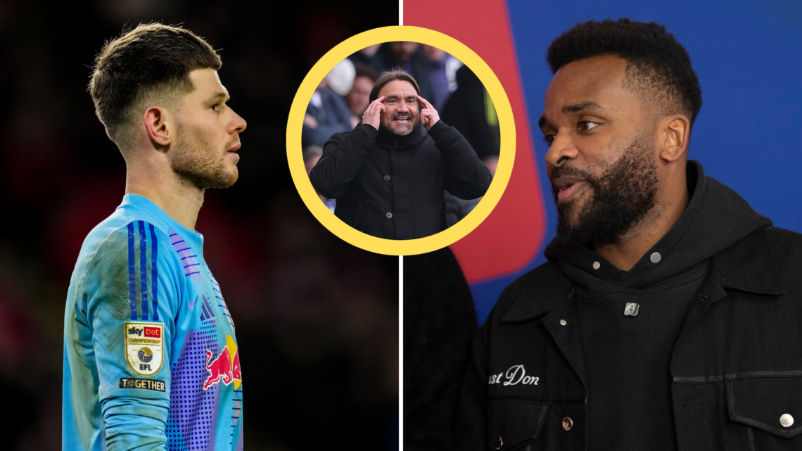 Split of Illan Meslier and Darren Bent, with an insert of Leeds United manager Daniel Farke.