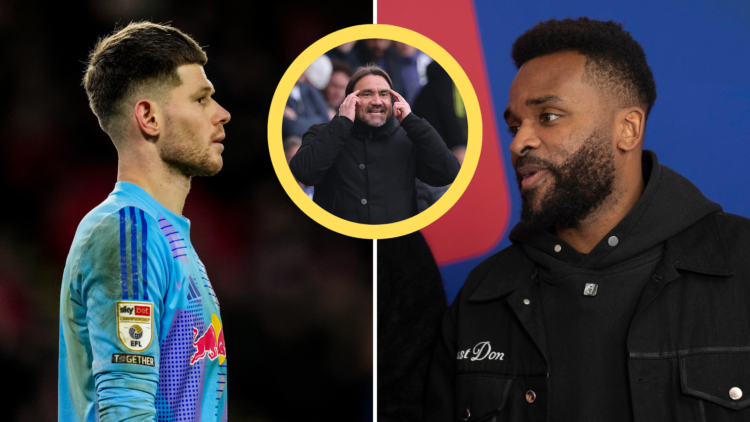 Split of Illan Meslier and Darren Bent, with an insert of Leeds United manager Daniel Farke.