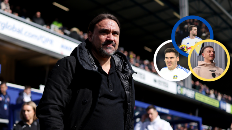 Image of Daniel Farke watching Leeds on in action with inserts of Ethan Ampadu, Max Wober and Patrick Bamford.