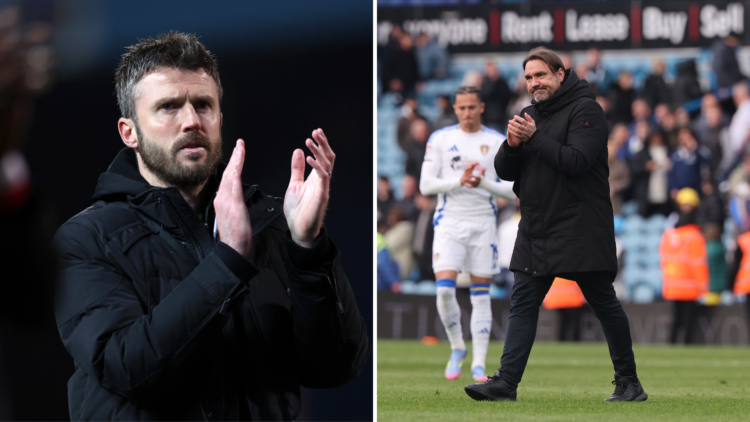 Split of Leeds United manager Daniel Farke and Middlesbrough boss Michael Carrick applauding supporters.