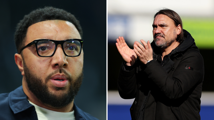 Split of Troy Deeney while working as a pundit and Leeds United manager Daniel Farke applauding his supporters.