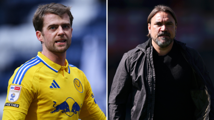 Split of Daniel Farke and Patrick Bamford in action for Leeds United.