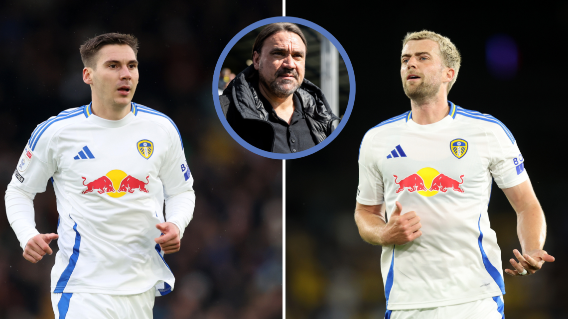 Split of Patrick Bamford and Max Wober in action of Leeds United, with a insert of Daniel Farke.