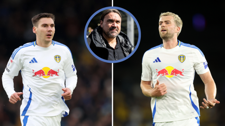 Split of Patrick Bamford and Max Wober in action of Leeds United, with a insert of Daniel Farke.