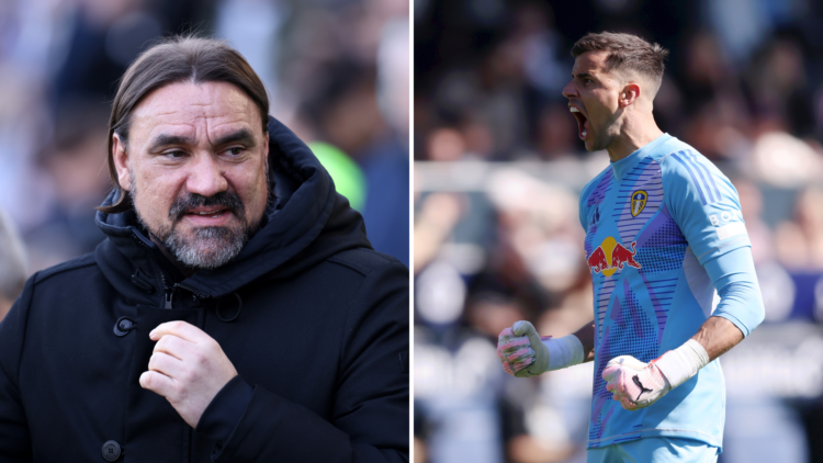 Split image of Leeds United manager Daniel Farke and Karl Darlow celebrating against Luton Town.