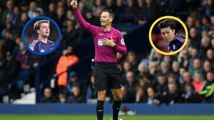 Mark Clattenburg during his refereeing days, with inserts of Leeds United duo Patrick Bamford and Ao Tanaka.