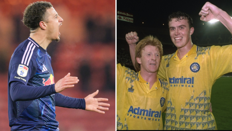 Split image of Ethan Ampadu celebrating against Middlesbrough and title-winning Jon Newsome alongside Gordon Strachan.