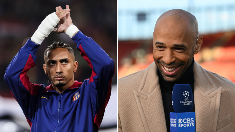 Split of Raphinha ahead of Barcelona's 4-0 win over Borussia Dortmund, and CBS pundit Thierry Henry.