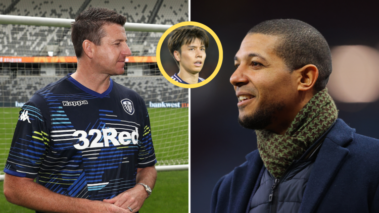 Split of Leeds United legends Jermaine Beckford and Michael Bridges and an insert of Leeds United midfielder Ao Tanaka.