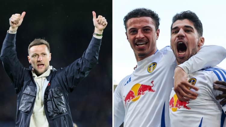 Split image of Leeds United legend Liam Cooper and his successor at Elland Road, Ethan Ampadu, celebrating during a 2-1 win over Preston.