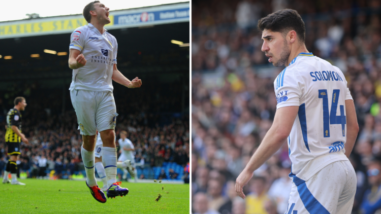 Split image of Manor Solomon in action for Leeds United this season, and Robert Snodgrass during his Leeds days.