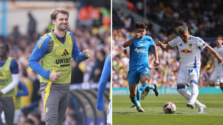 Split image of Patrick Bamford and Joel Piroe during Leeds United's win over Preston.