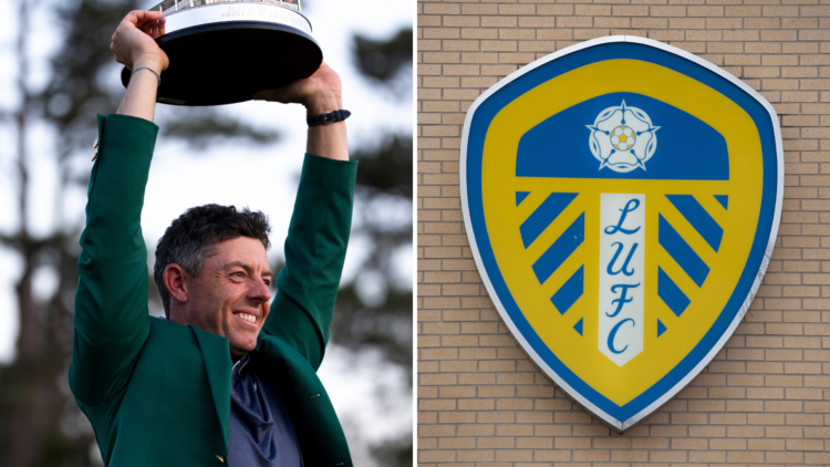 Split image of Rory McIlroy winning The Masters, alongside a Leeds United badge.