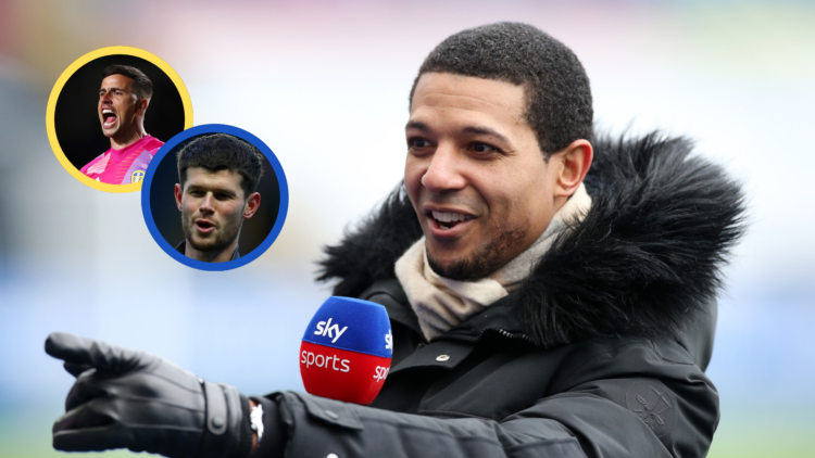 Jermaine Beckford working as a pundit for Sky Sports alongside inserts of Leeds United goalkeepers Illan Meslier and Karl Darlow.
