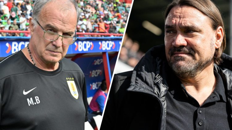 Split image: Uruguay manager Marcelo Bielsa wearing glassed (L) Leeds United manager Daniel Farke.