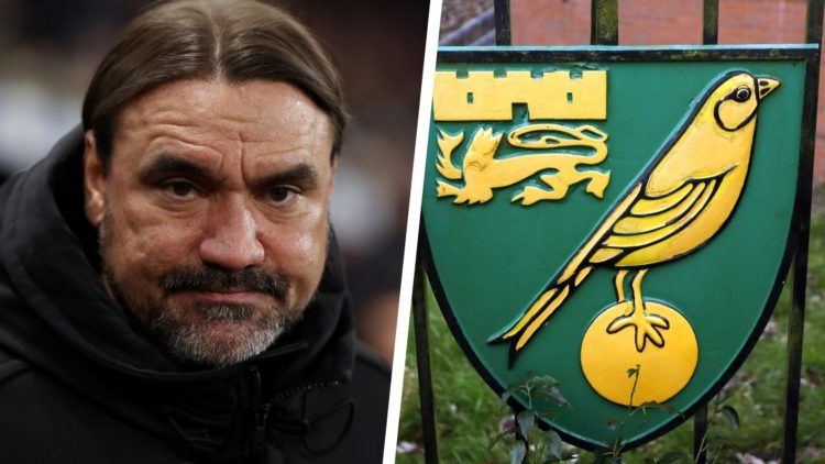 Split image of Leeds United manager Daniel Farke and the Norwich City club badge on a gate at Carrow Road.