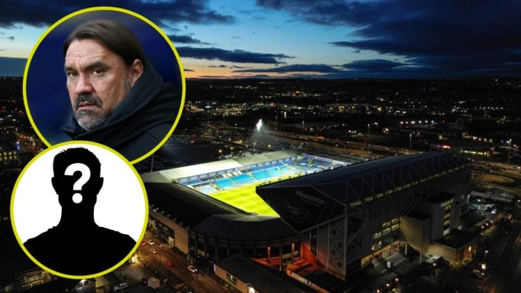 Leeds United's stadium Elland Road. Inset, Daniel Farke manager of Leeds United. Inset, LUN Mystery player icon