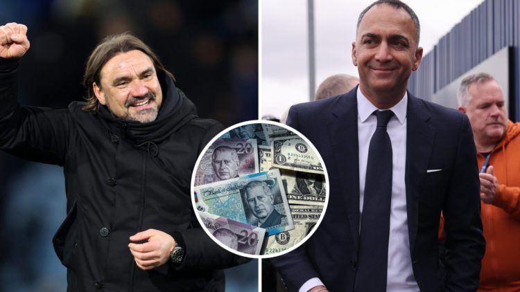 Split image showing Leeds United manager Daniel Farke, 49ers chief Paraag Marathe, and English pound notes