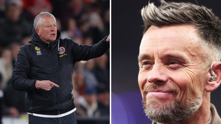 Lee Hendrie working as a pundit while Chris Wilder points instructions to his Sheffield United players.