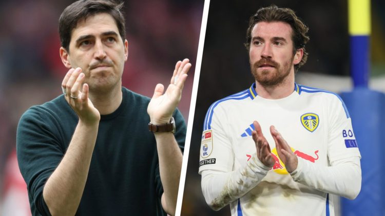 Split image of Bournemouth manager Andoni Iraola and Bournemouth midfielder Joe Rothwell playing on loan at Leeds United.