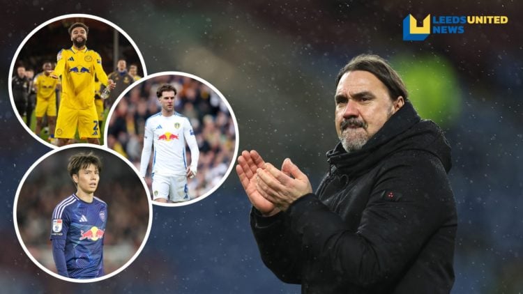 Daniel Farke manager of Leeds United. Inset, Jayden Bogle of Leeds United. Inset, Joe Rodon of Leeds United. Inset, Ao Tanaka of Leeds United.