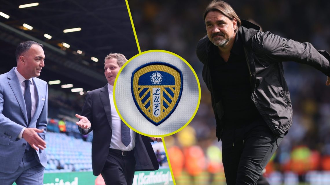 Leeds United owner Paraag Marathe at Elland Road. Inset, Leeds United badge. Daniel Farke, Leeds manager.