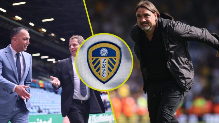 Leeds United owner Paraag Marathe at Elland Road. Inset, Leeds United badge. Daniel Farke, Leeds manager.