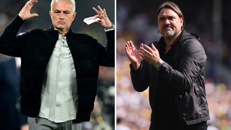 Daniel Farke celebrates with the Leeds fans and Jose Mourinho in action at Fenerbahce.