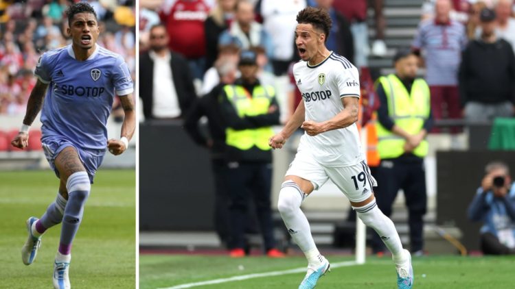 Rodrigo Moreno and Raphinha celebrating after scoring goals for Leeds.
