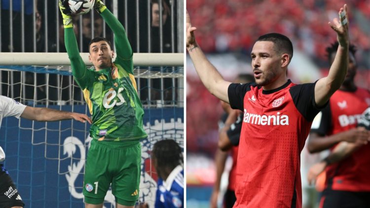 Djordje Petrovic in action for Strasbourg as Emi Buendia celebrates with Leverkusen.