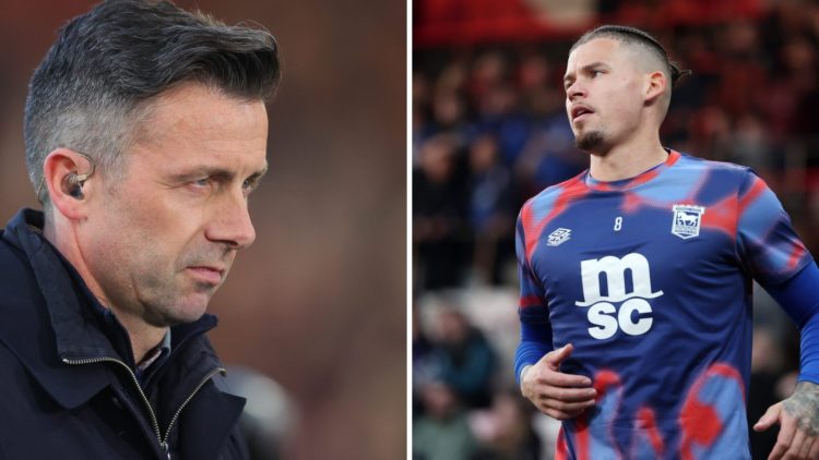 Kalvin Phillips prepares for an Ipswich game as pundit David Prutton looks on.