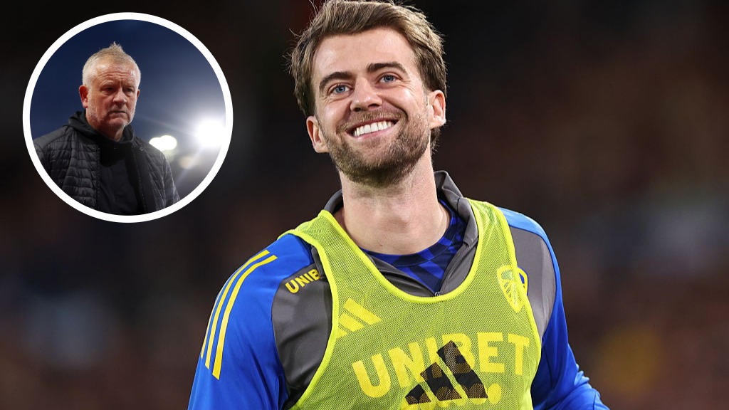 Leeds United striker Patrick Bamford warming up. Inset, Chris Wilder, Sheffield United manager