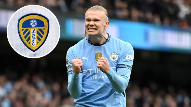 Erling Haaland of Manchester City celebrating in 2025. Inset, Leeds United badge.