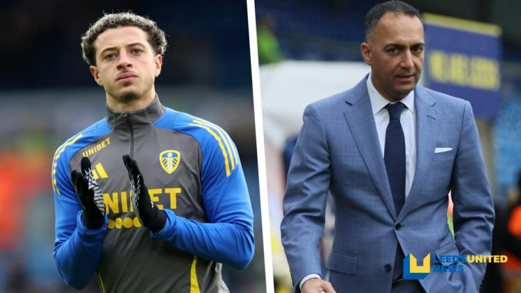 Split image of Leeds United captain Ethan Ampadu clapping the fans, and Leeds United chairman Paraag Marathe.