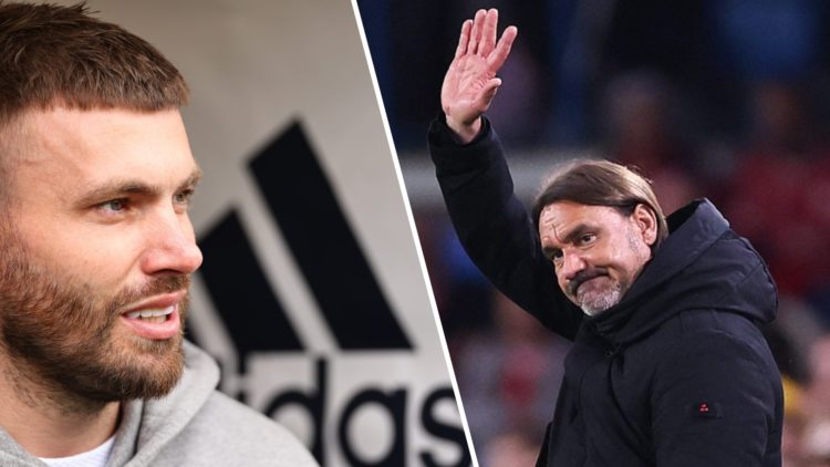 Stuart Dallas looks on as Daniel Farke waves to the Leeds fans.