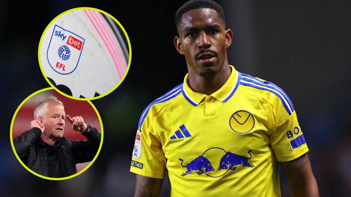 Junior Firpo playing for Leeds United. Inset, EFL logo on a football. Inset, Sheffield United boss Chris Wilder.